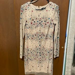 NEW ADRIANNA PAPELL nude jeweled embroidered cocktail illusion dress long sleeve